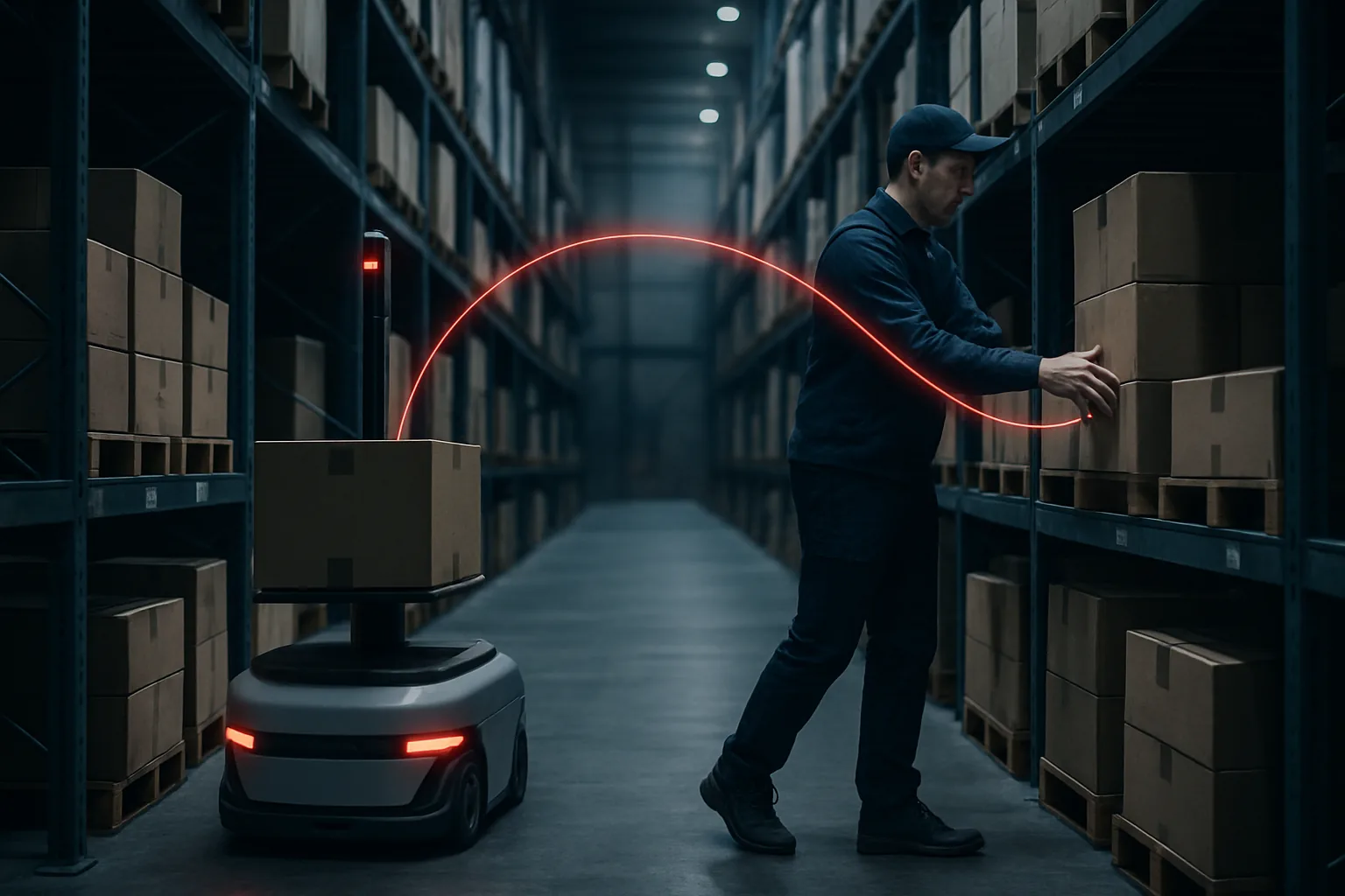 An autonomous mobile robot and a human picker working side by side in a warehouse aisle