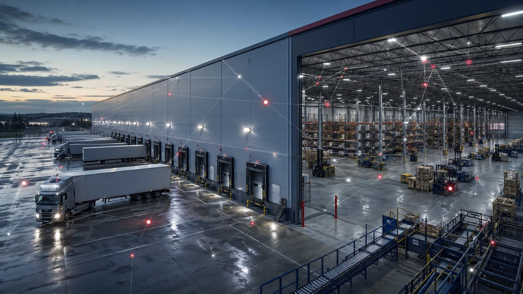 The integrated ECHO solution layered over a modern distribution center: private network, safety, tracking, and IIoT